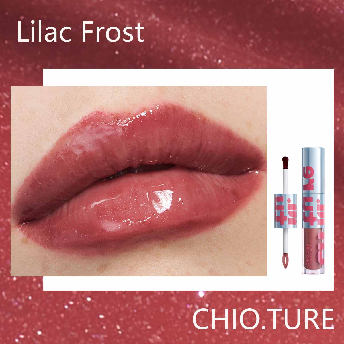 Lilac Frost pinkish purple lip swatch and glossy lip close-up