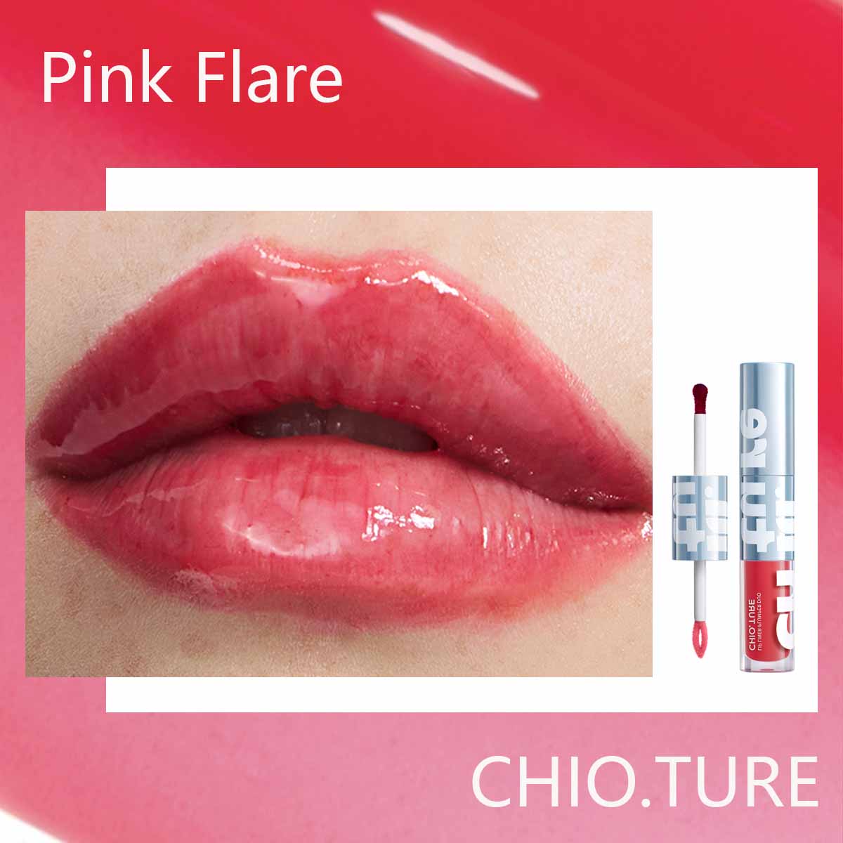 Pink Flare lip color swatch and glossy lip close-up