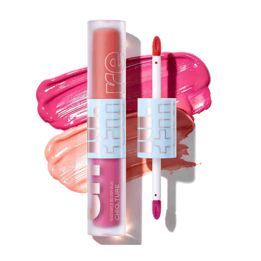 Sunset Mirage blush duo with applicators and bright orange and soft pink textures